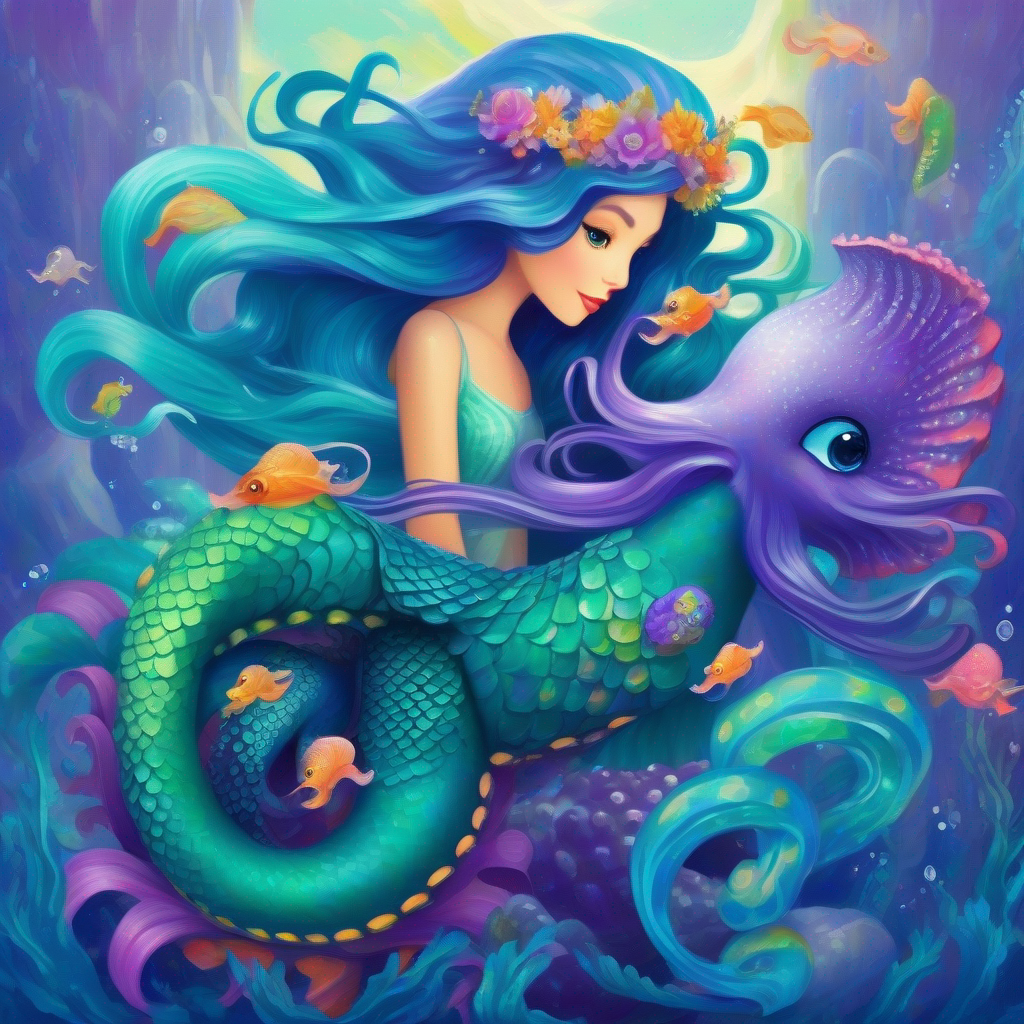 Mermaid princess with blue-green hair and silver tail with Wise seahorse with colorful scales the seahorse and Helpful octopus with bright purple tentacles the octopus