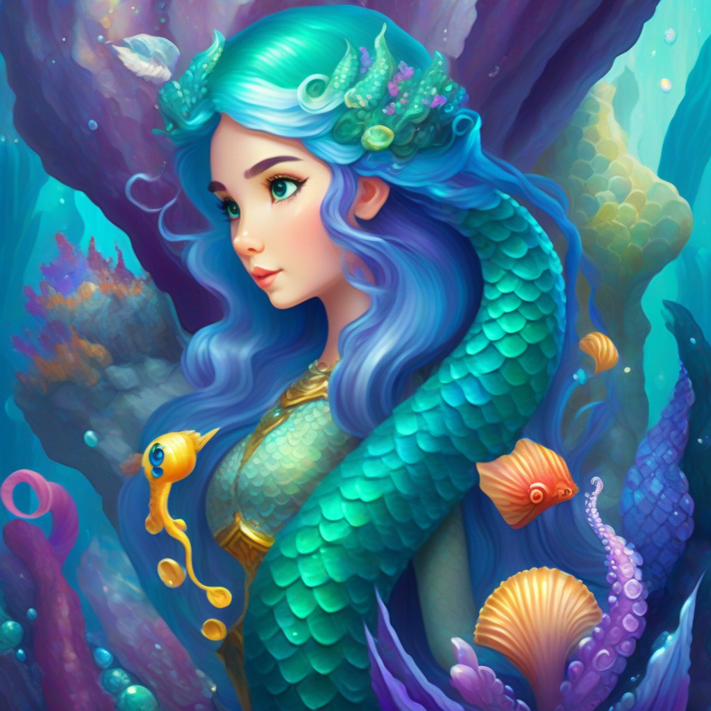 Mermaid princess with blue-green hair and silver tail, Wise seahorse with colorful scales, and Helpful octopus with bright purple tentacles finding seashell in hidden cave