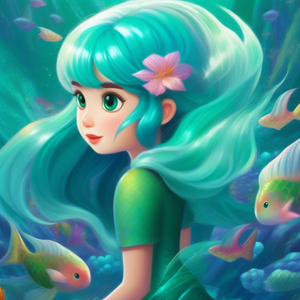 Mermaid princess with blue-green hair and silver tail learning from her experience, seeking help, teamwork