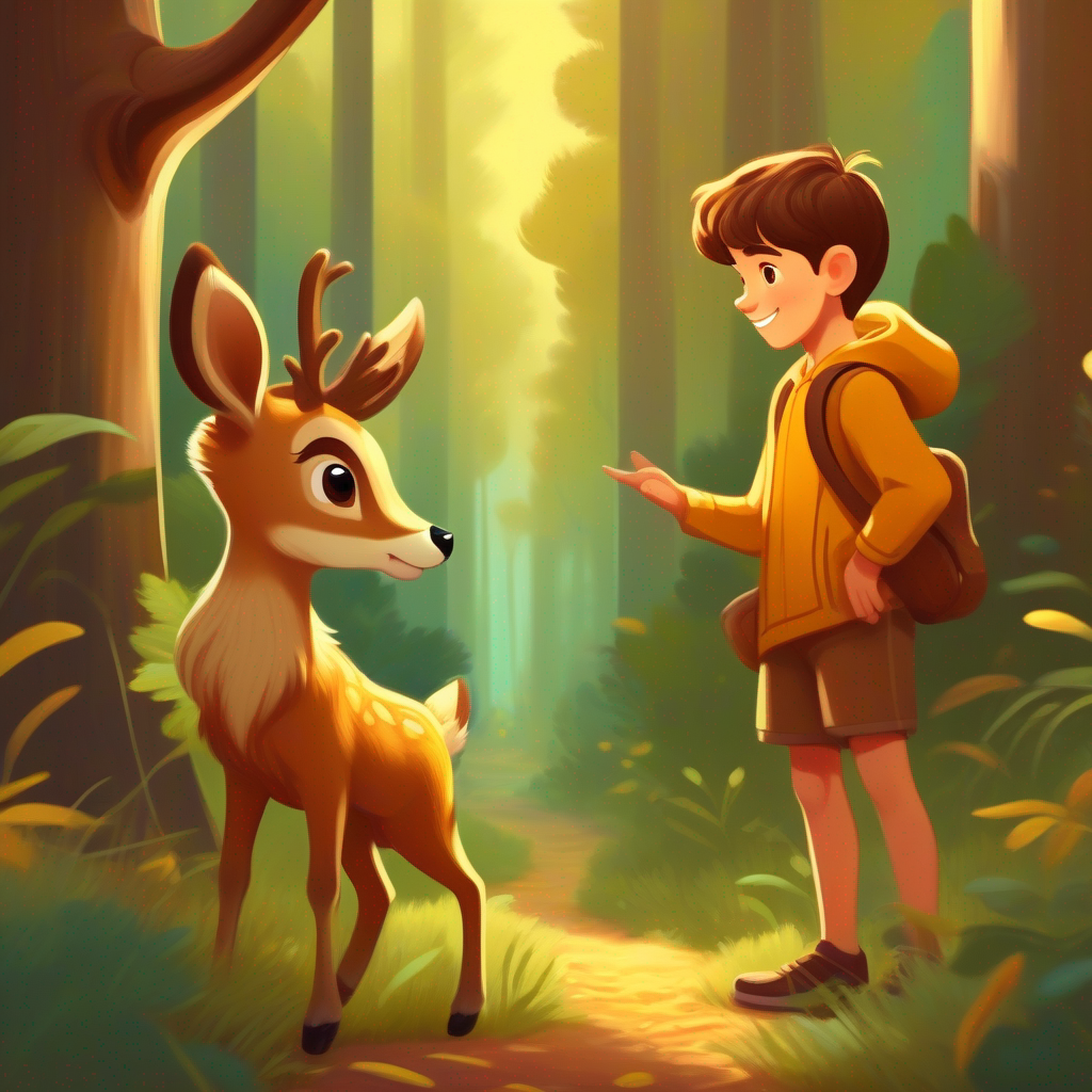 Curious boy with brown hair and a friendly smile meets a curious baby deer in the forest, with brown fur and golden antlers.