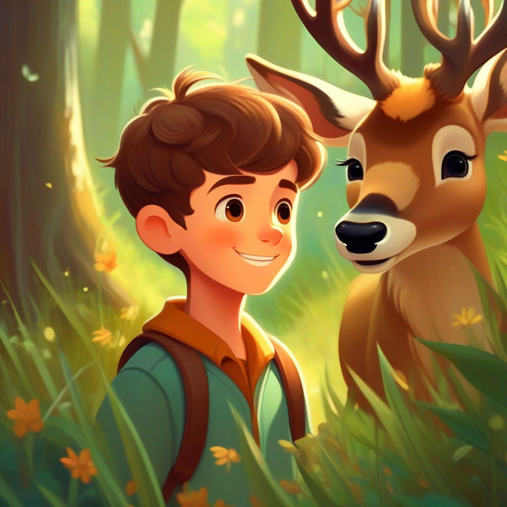 Curious boy with brown hair and a friendly smile and the deer explore and learn about nature together.