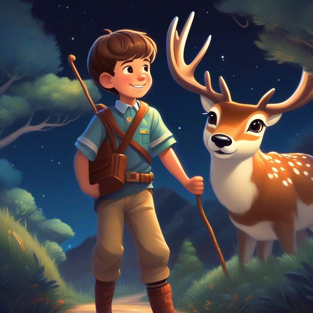 Curious boy with brown hair and a friendly smile wants to take the deer on an adventure to the moon.