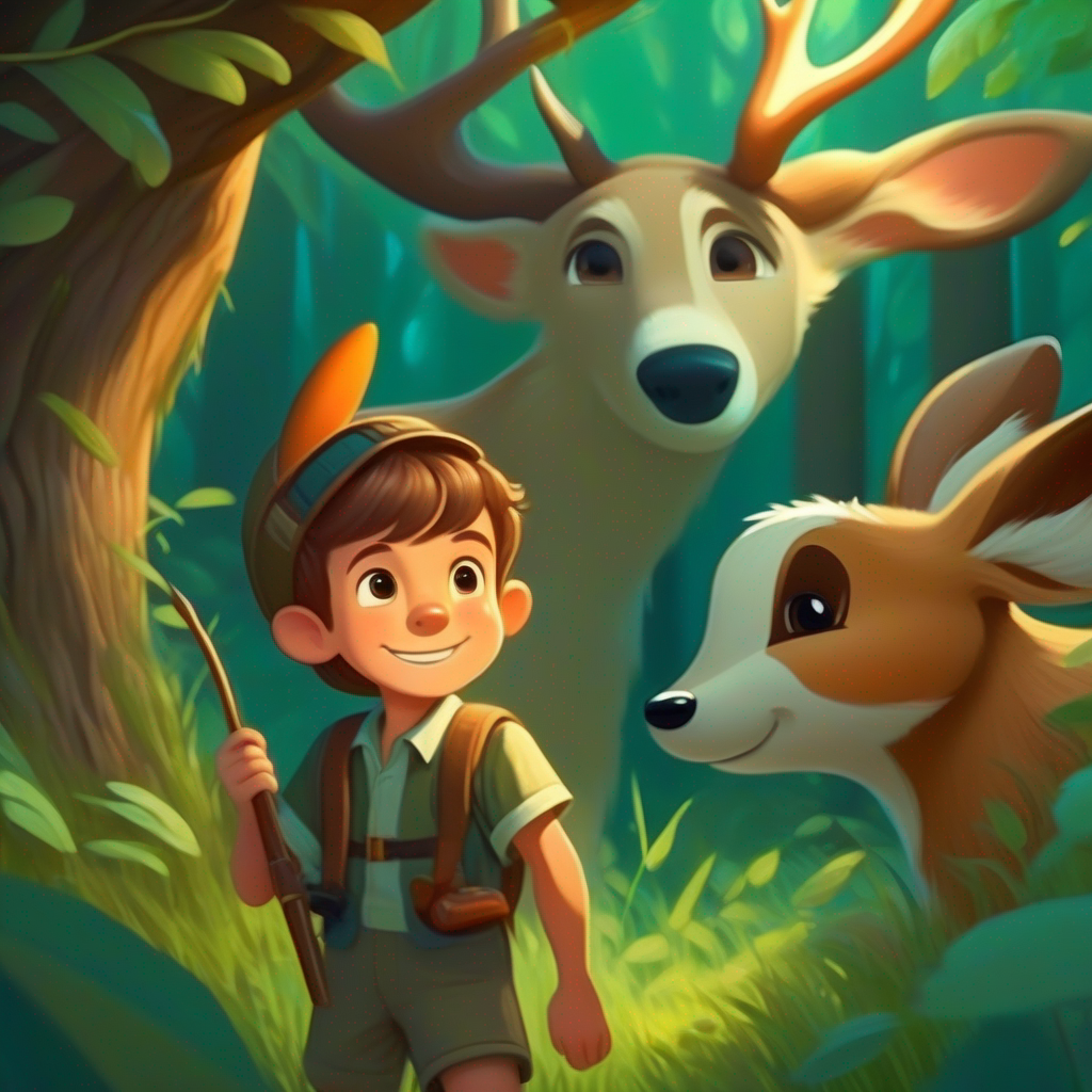 Curious boy with brown hair and a friendly smile and the deer discover a hidden rocket in the forest.