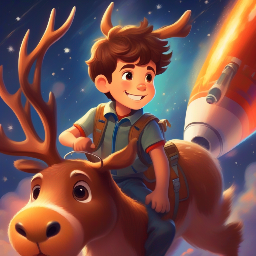 Curious boy with brown hair and a friendly smile and the deer board the rocket and blast off into space.