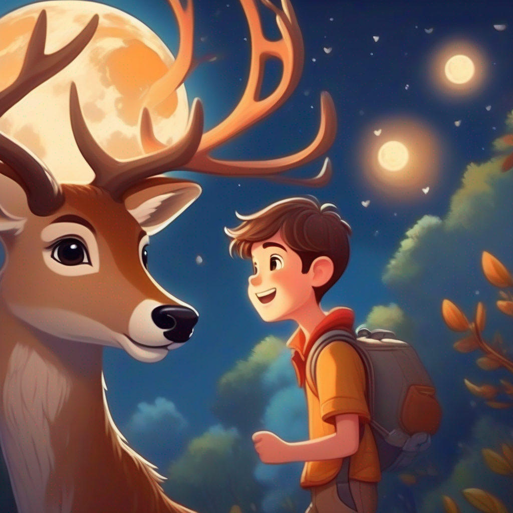 Curious boy with brown hair and a friendly smile and the deer reach the moon and are amazed by its beauty.
