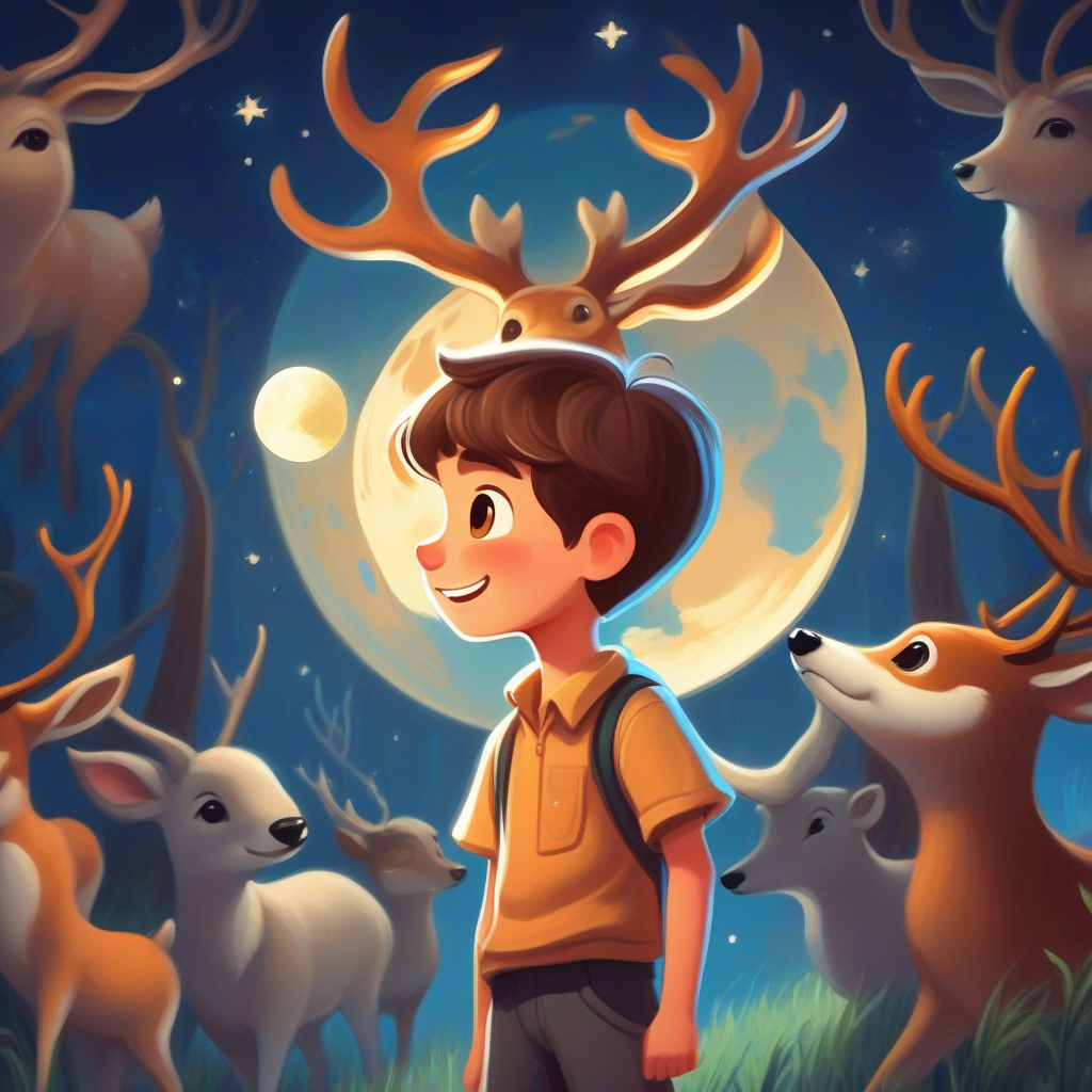 Curious boy with brown hair and a friendly smile and the deer explore the moon and learn moon dances.