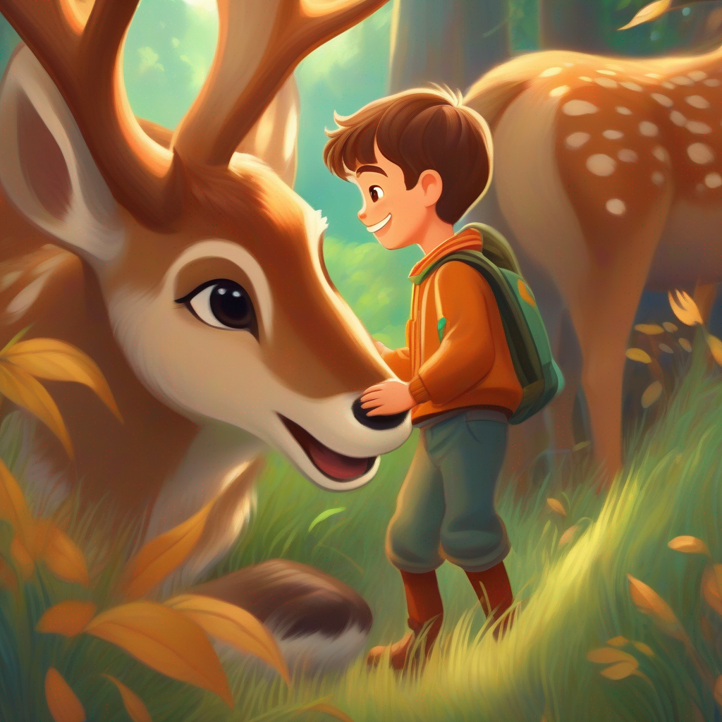 Curious boy with brown hair and a friendly smile and the deer return to Earth and learn the importance of listening.