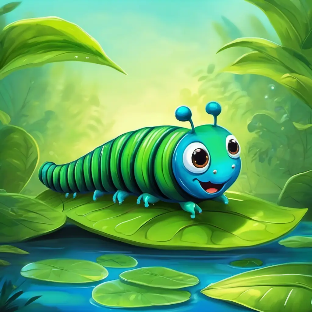 Green caterpillar with black stripes, bright eyes the caterpillar on a green leaf, talking fish in a blue pond