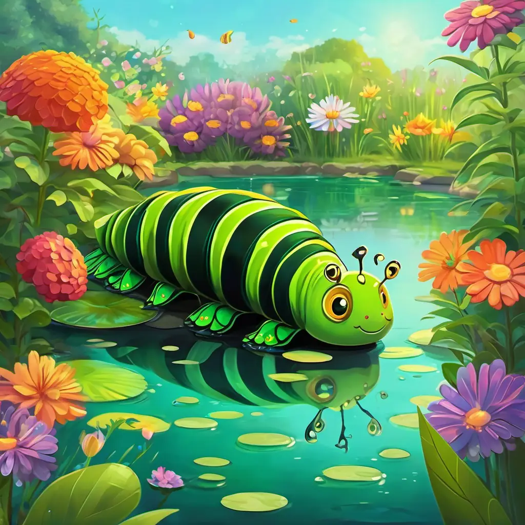 Green caterpillar with black stripes, bright eyes and Colorful fish with scales that shimmer in the sunlight talking near the pond, surrounded by colorful flowers