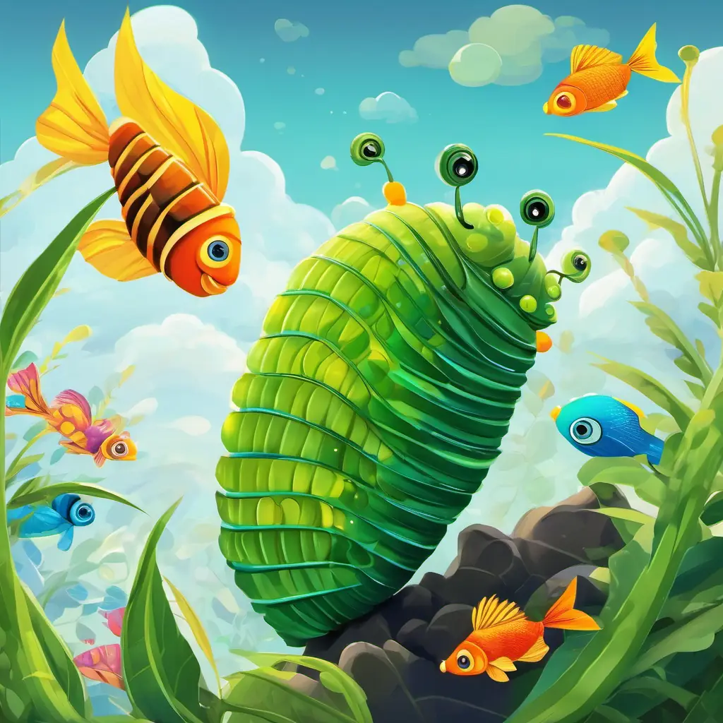 Green caterpillar with black stripes, bright eyes building a cocoon with Colorful fish with scales that shimmer in the sunlight watching over