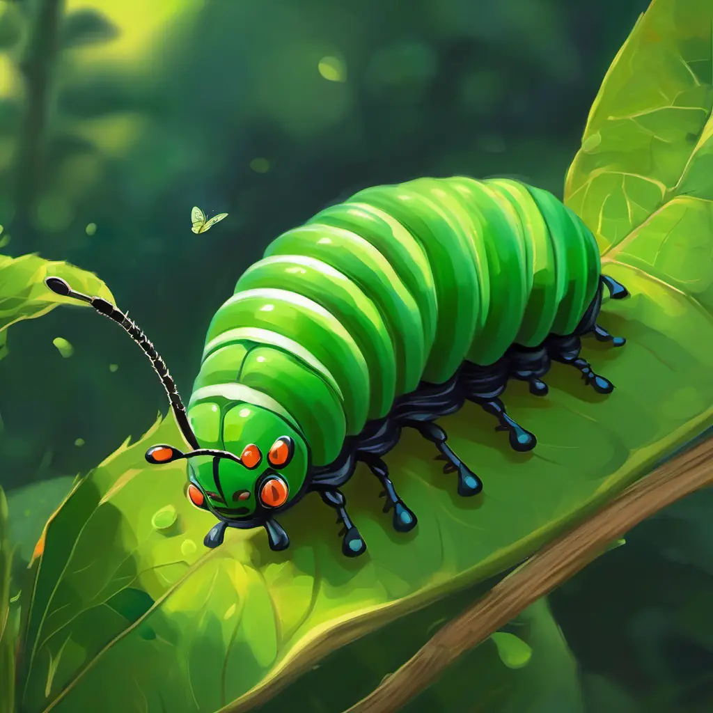 Green caterpillar with black stripes, bright eyes emerging from the cocoon as a butterfly, flying in the garden