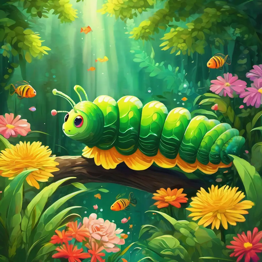 Green caterpillar with black stripes, bright eyes and Colorful fish with scales that shimmer in the sunlight together in the garden, surrounded by flowers and trees