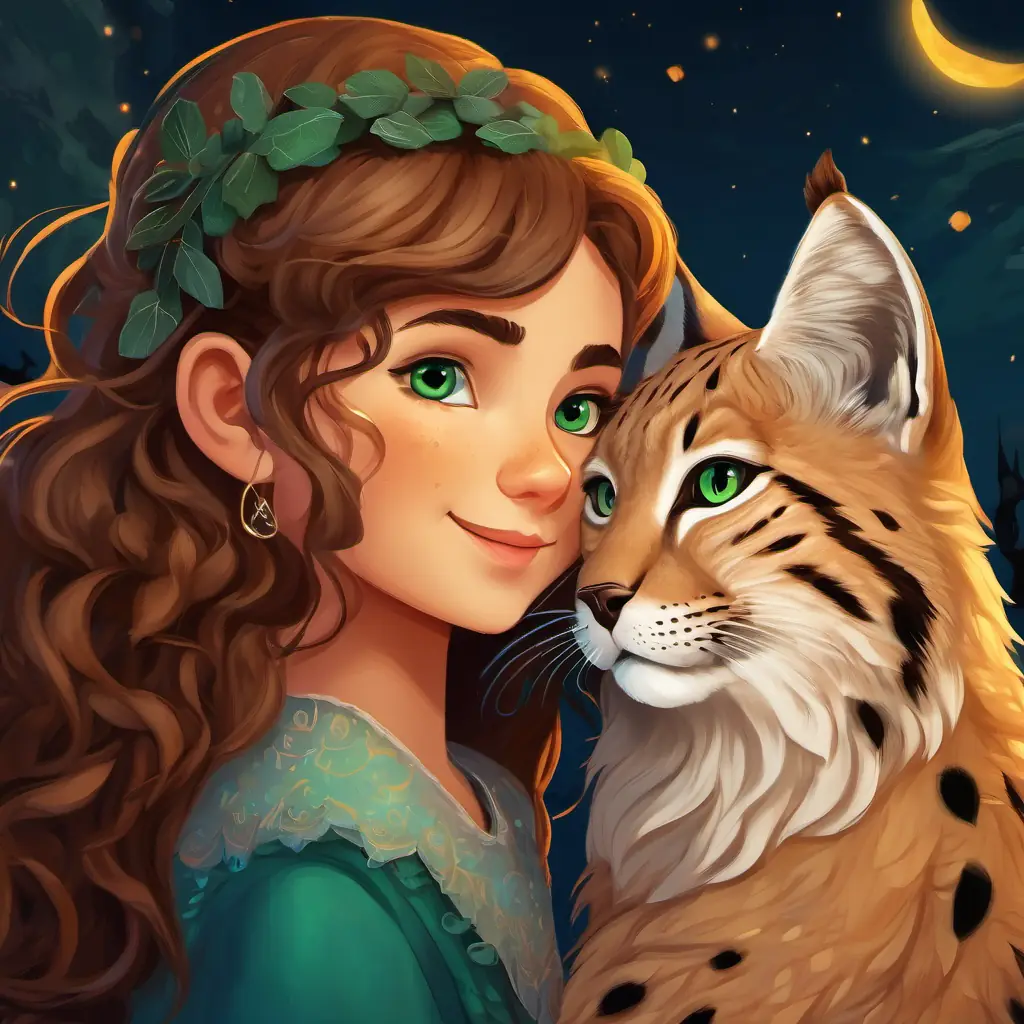 Iberian Lynx with sandy-brown fur and green eyes and A kind-hearted girl with long, curly brown hair and sparkling blue eyes become best friends, continuing to protect and care for the Iberian Lynx and other animals together.