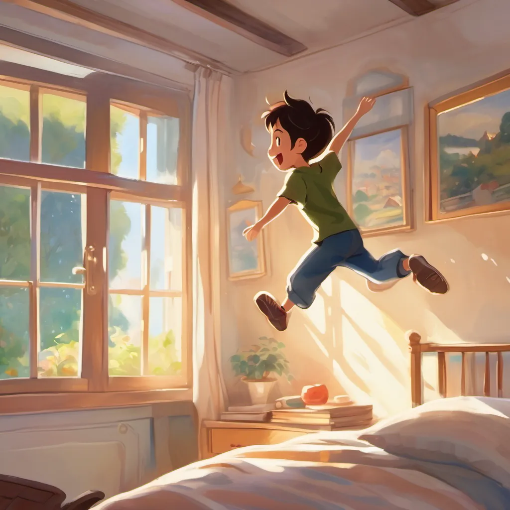 A young boy jumping out of bed, with sunlight streaming through the window, looking excited and joyful.