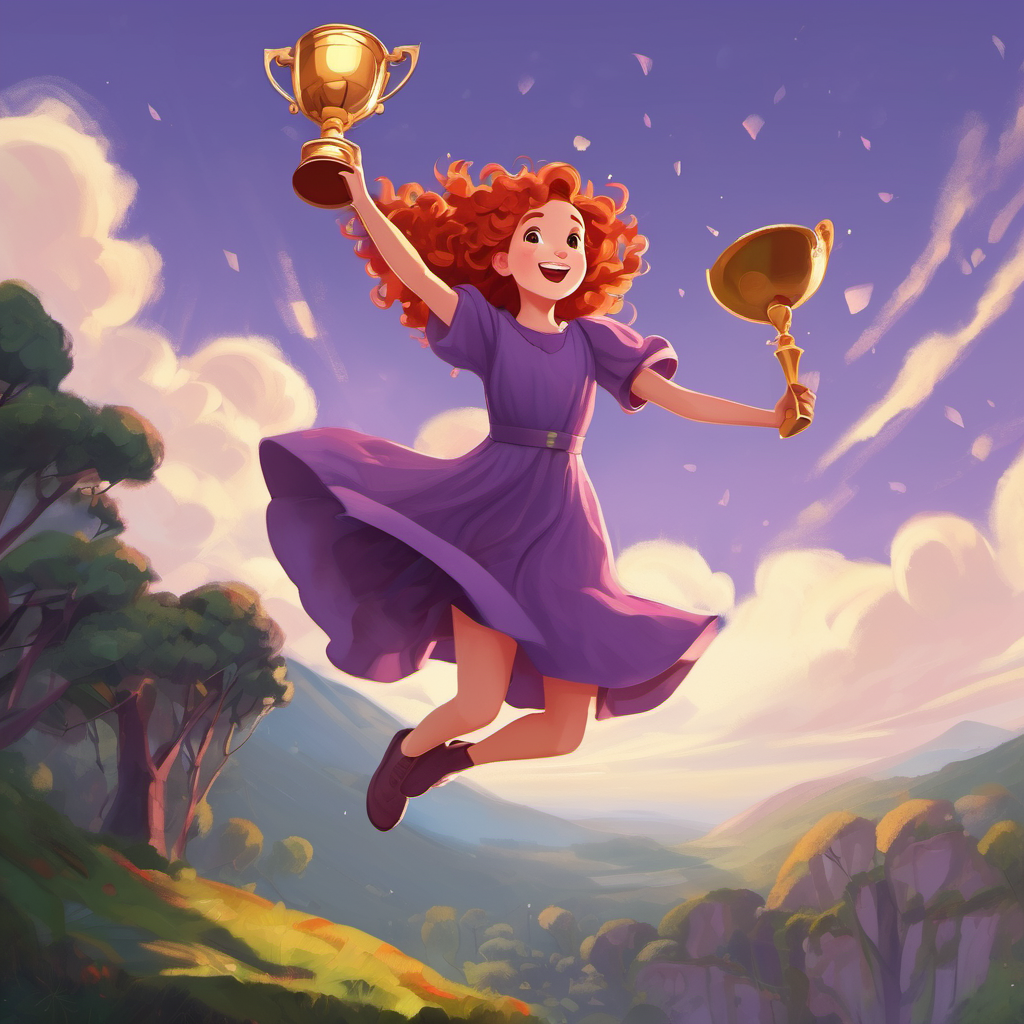 Sarah is a girl with curly red hair wearing a purple dress jumping in celebration, holding a trophy