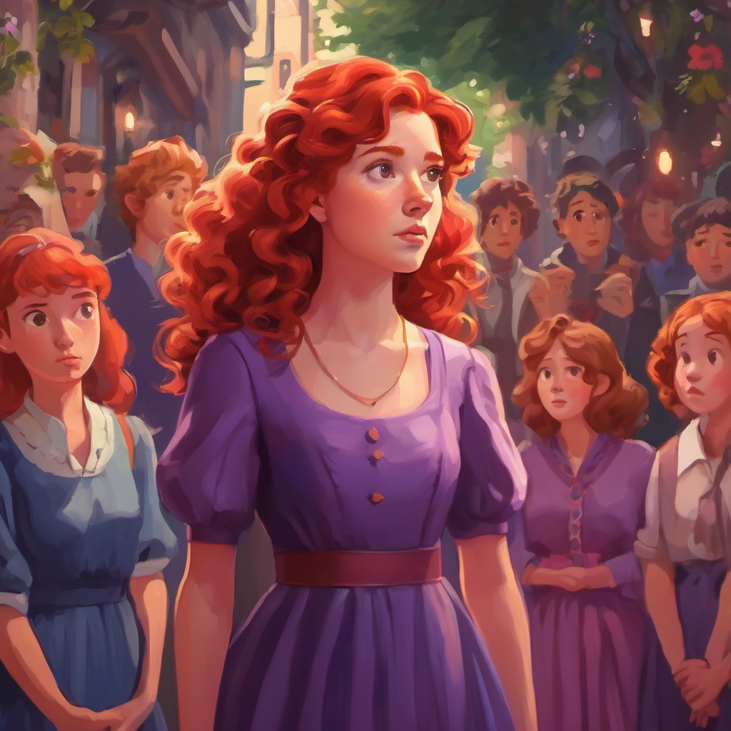 Sarah is a girl with curly red hair wearing a purple dress looking down, surrounded by confused friends