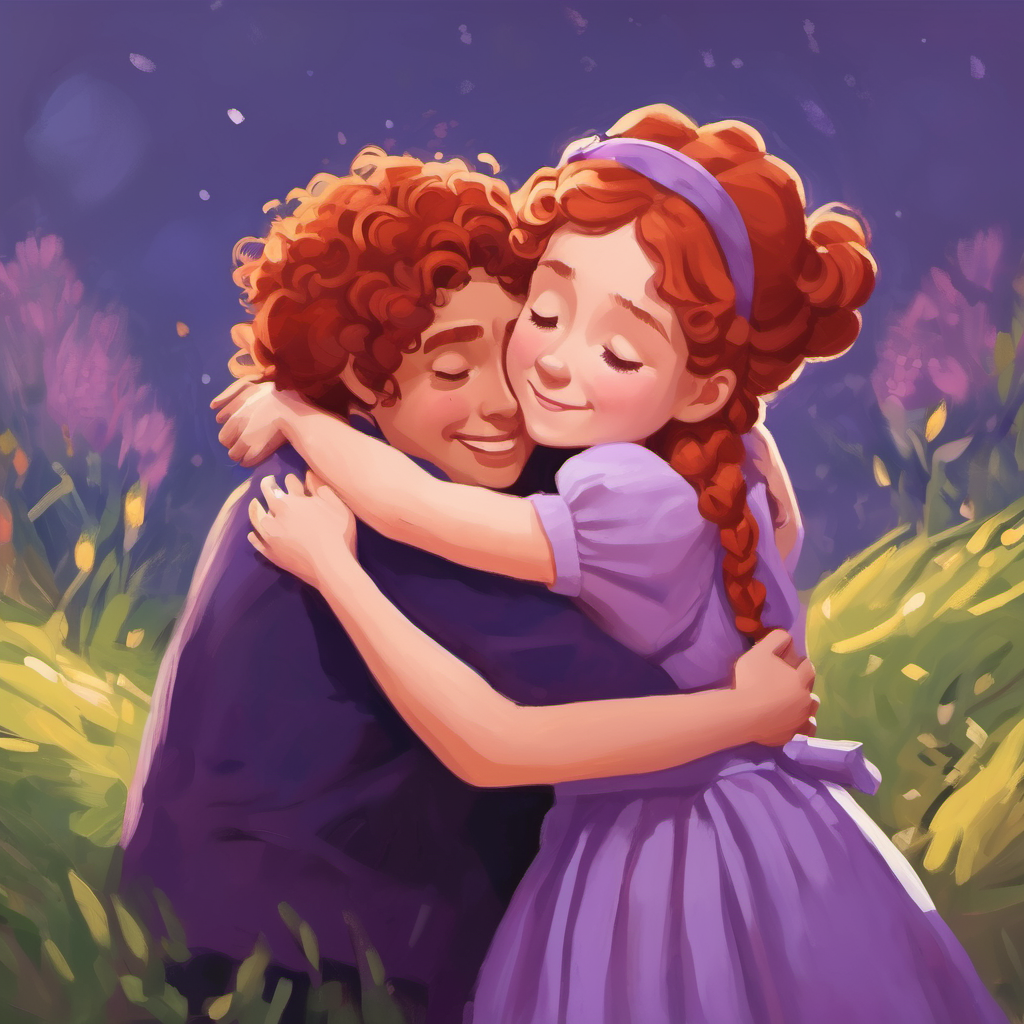 friends comforting Sarah is a girl with curly red hair wearing a purple dress with hugs and smiles