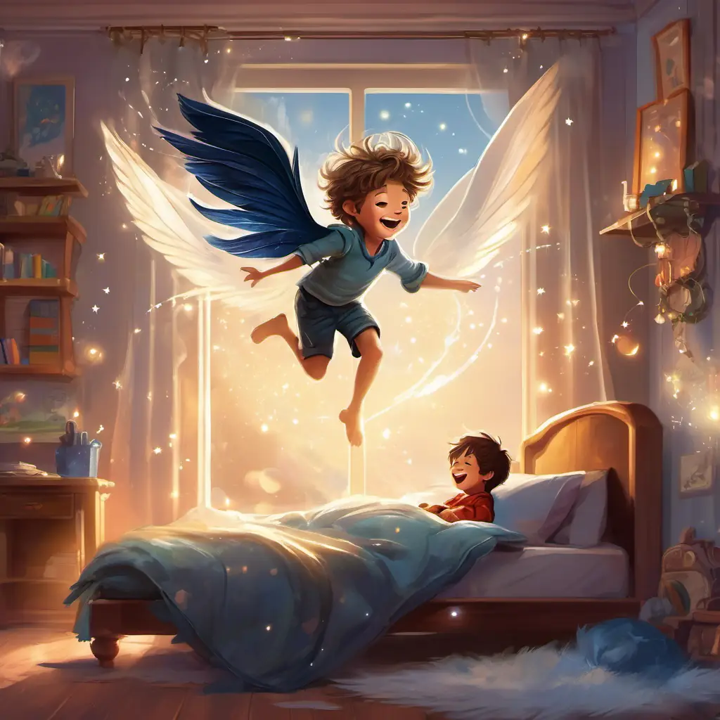 A little boy who can fly, with messy hair and a big smile flying back with A fairy with sparkling wings and a mischievous smile, landing on his bed, closing his eyes, falling asleep