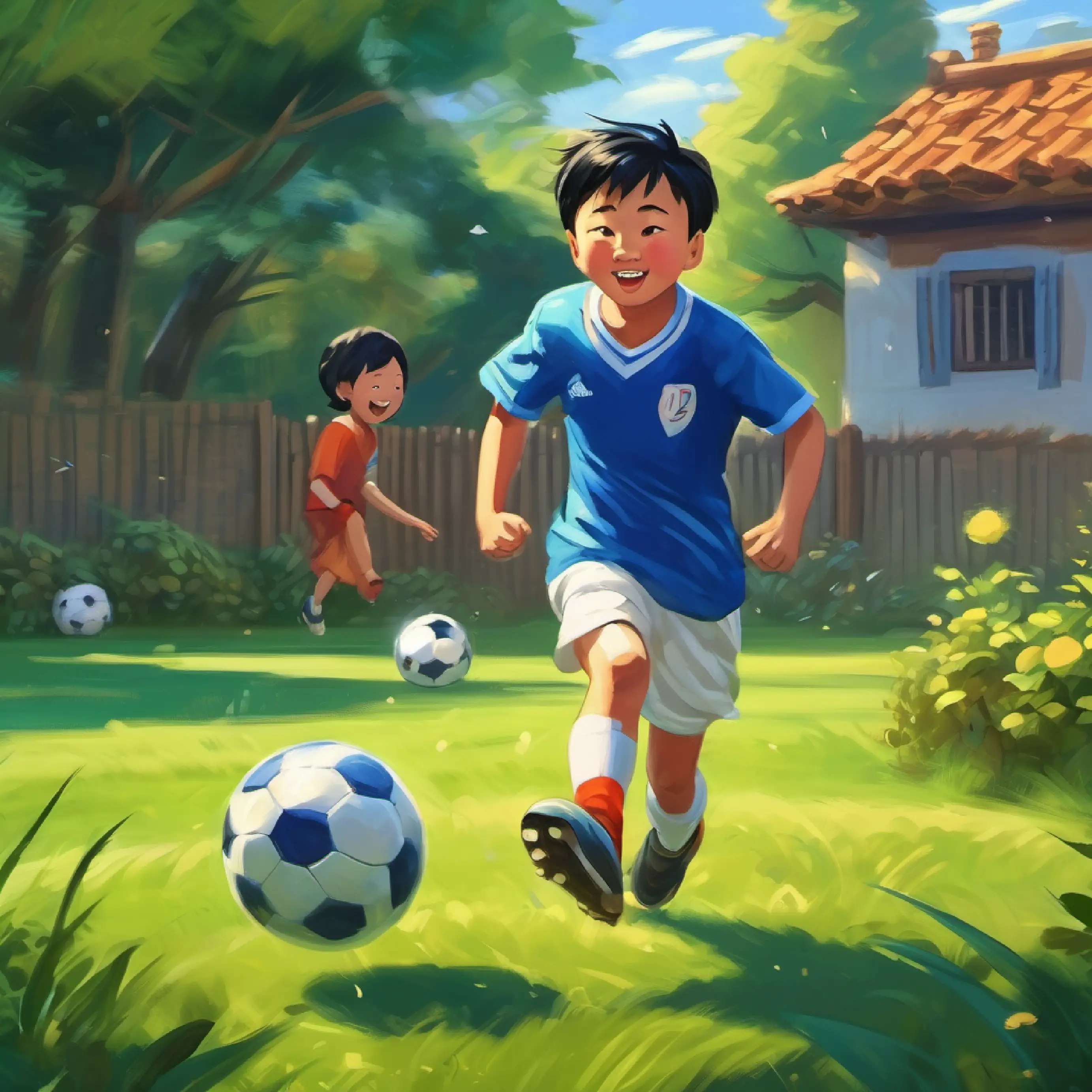 Ming playing soccer, ball giggling in the backyard.