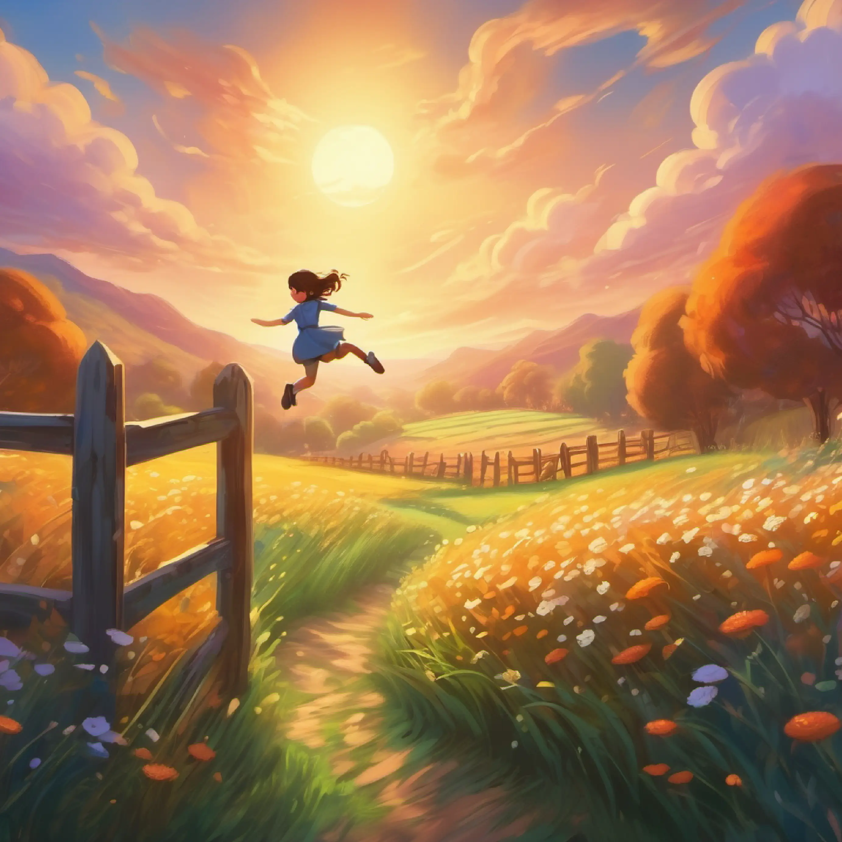 Leaping into a magical field, excitement, fence as portal.
