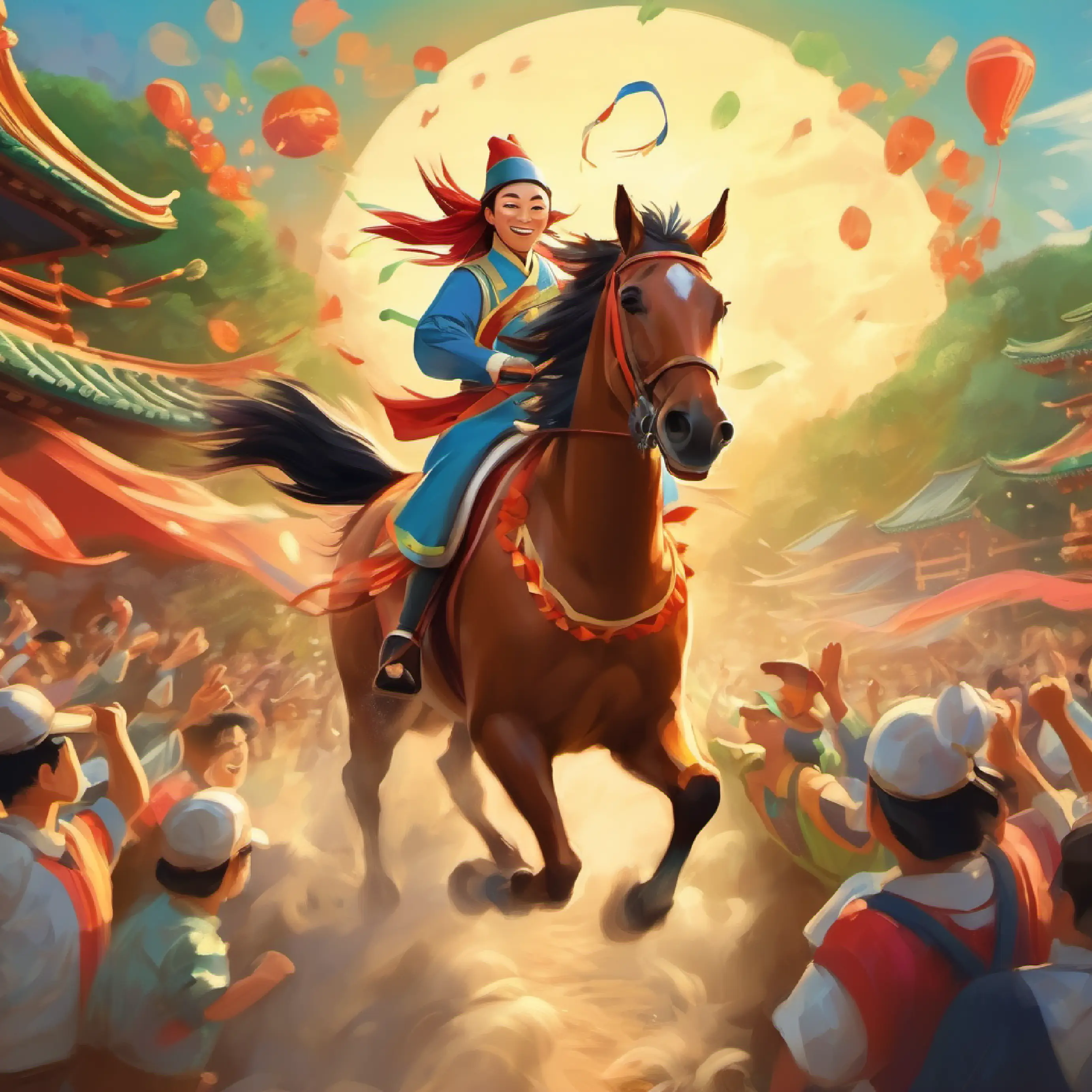 Ming and ball winning race, magical creatures cheering.