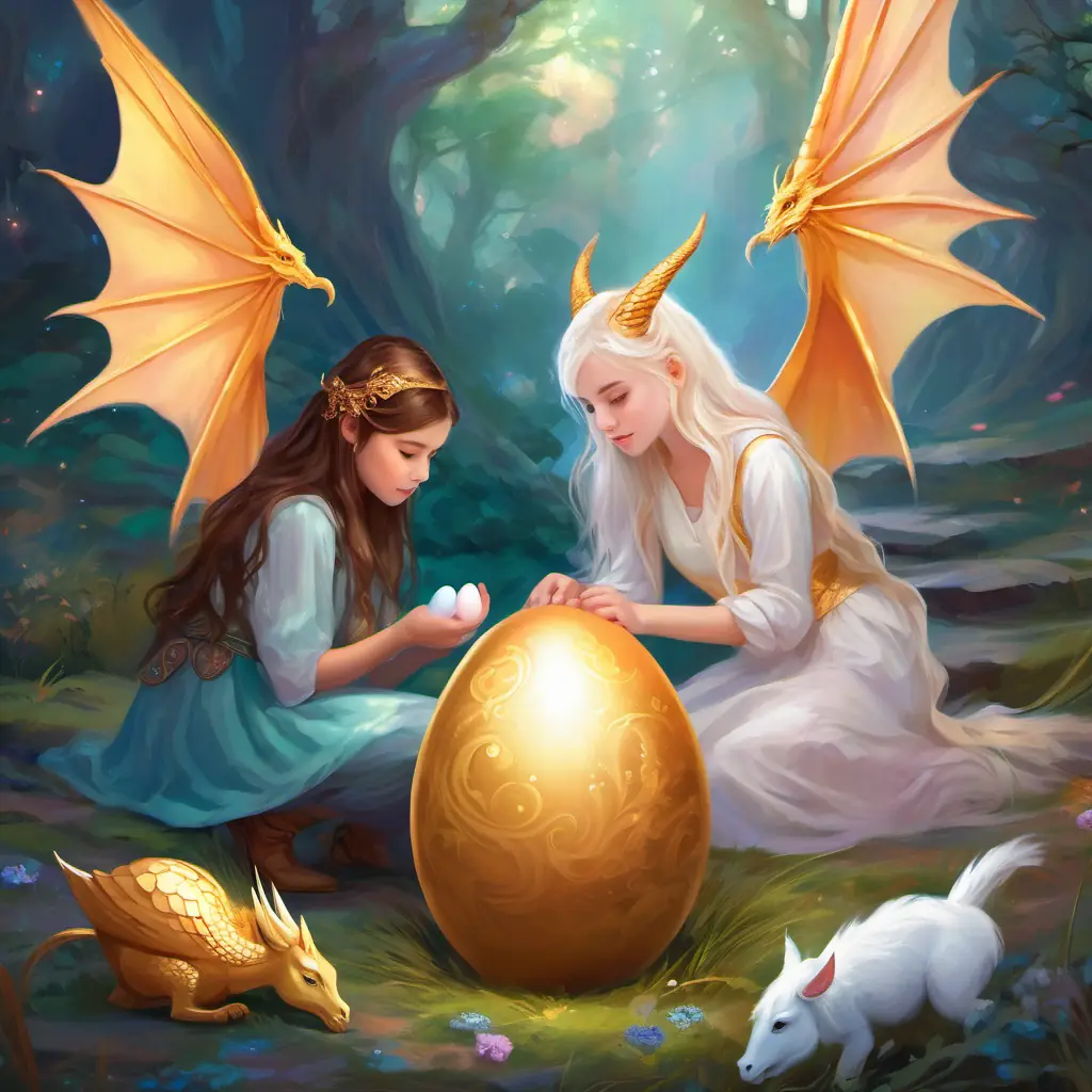The girls are crouched down, looking at the hatching egg, with the dragon and unicorn looking on with curiosity and excitement.