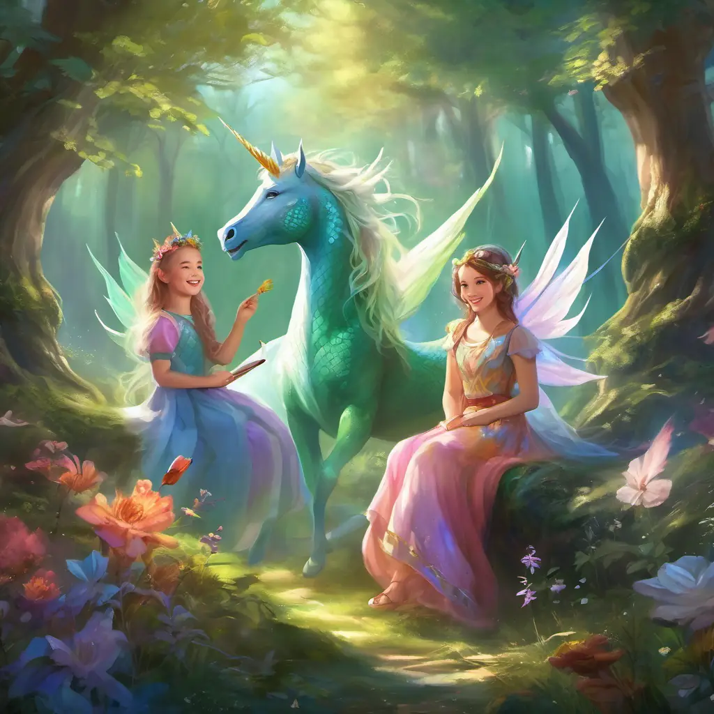 the girls, the dragon and the unicorn are happily enjoying different activities in the forest, with smiles on their faces and a sense of joy in the air.