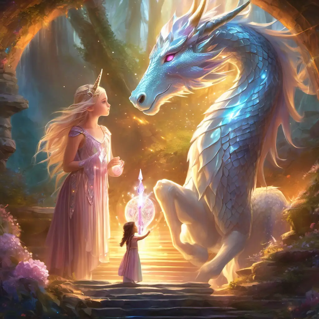 two young girls are wide-eyed as they marvel at the glowing crystals, with the dragon and unicorn creating a magical display of light.