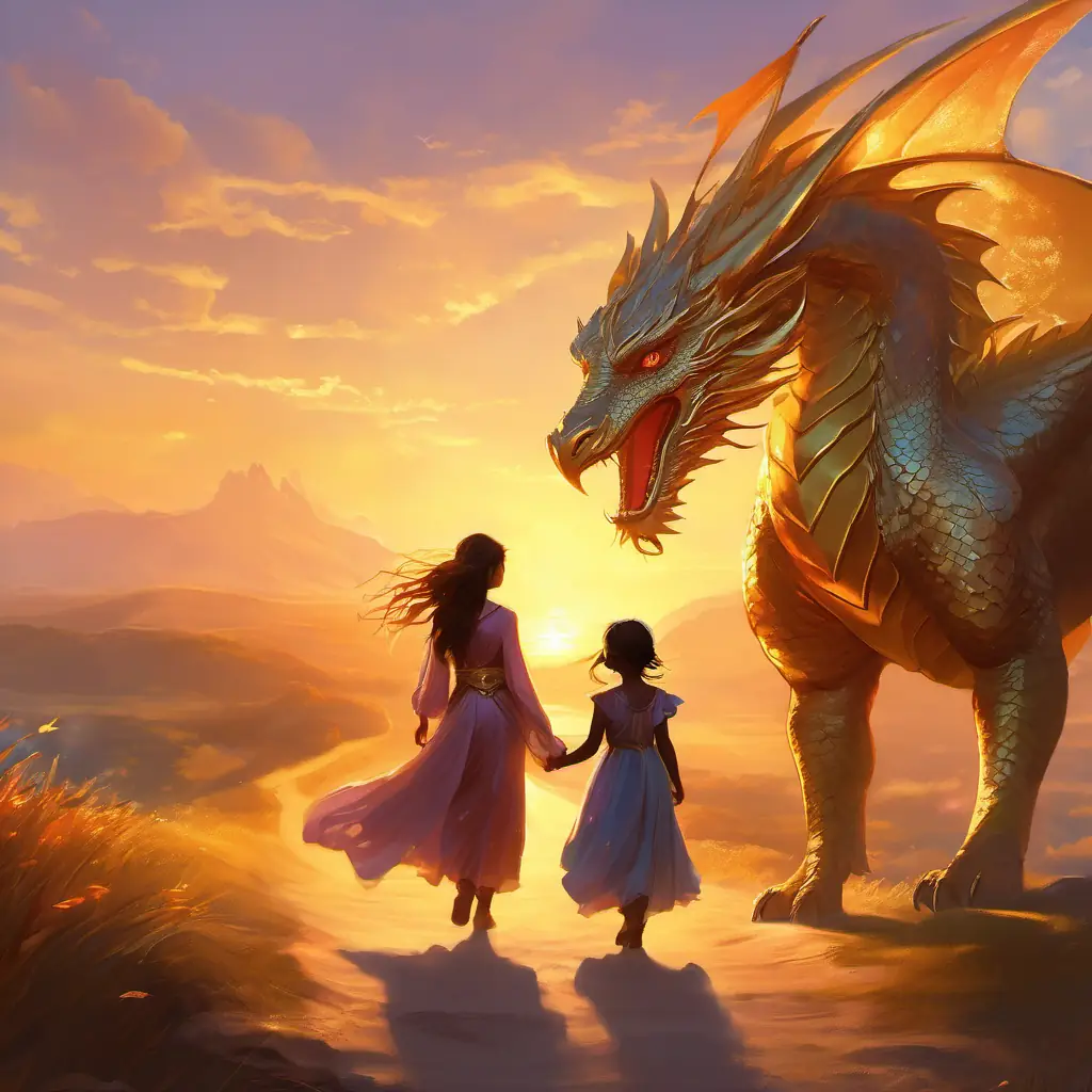 two girls and the golden dragonbaby are walking back home, with the sunset casting a warm, golden glow on the surroundings.