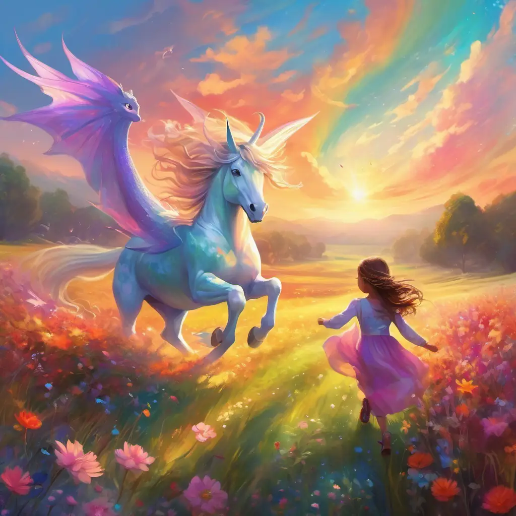 two six year girl are running through a colorful meadow, with a dragon flying overhead and a unicorn frolicking nearby.