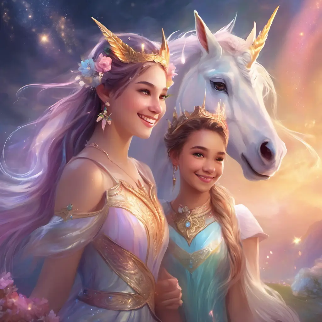 two girls, Sparkle the dragon, and the unicorn are all gathered together, smiling and laughing in a heartwarming display of friendship and happiness.