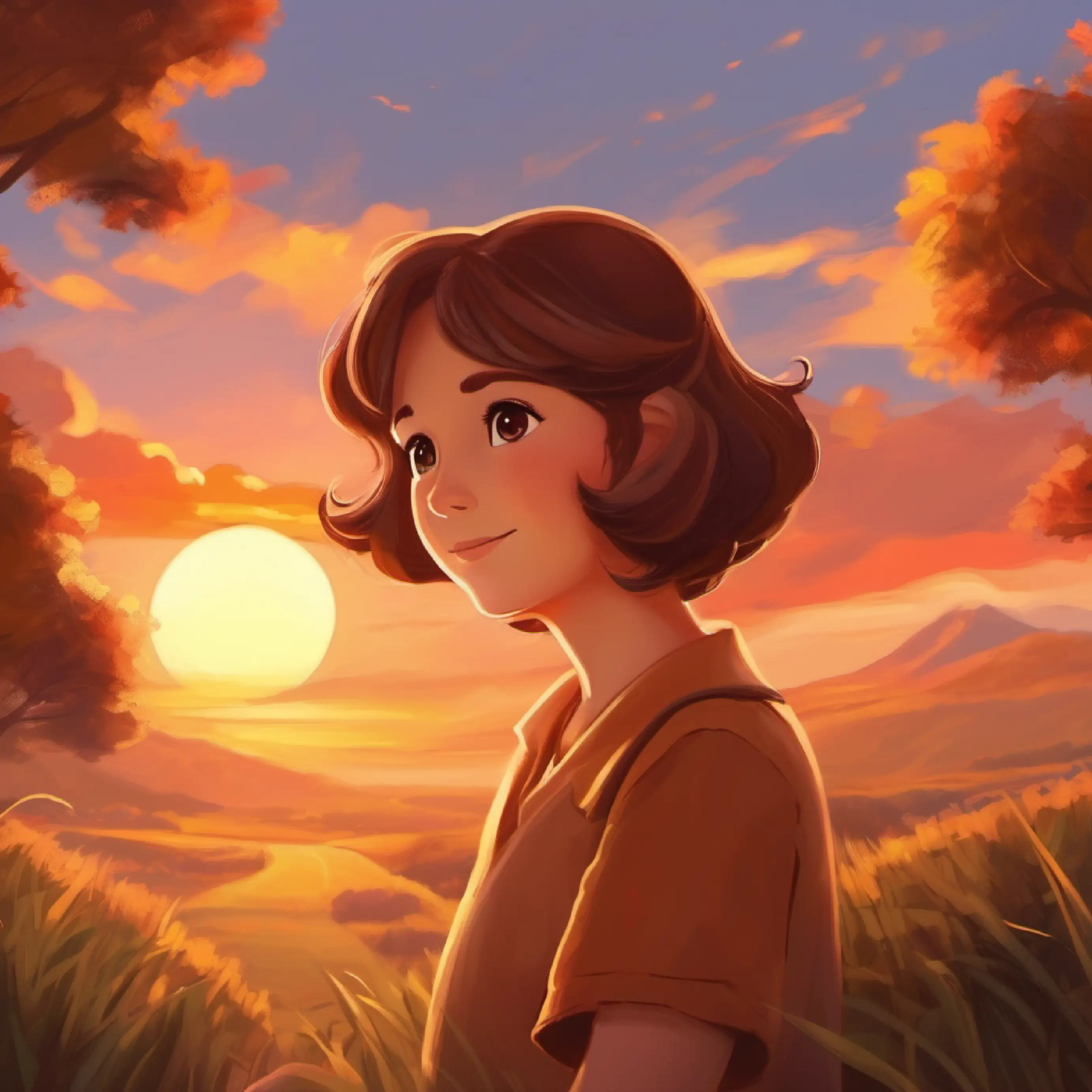 Sunset, Loving mother, brown hair, gentle brown eyes calls kids inside