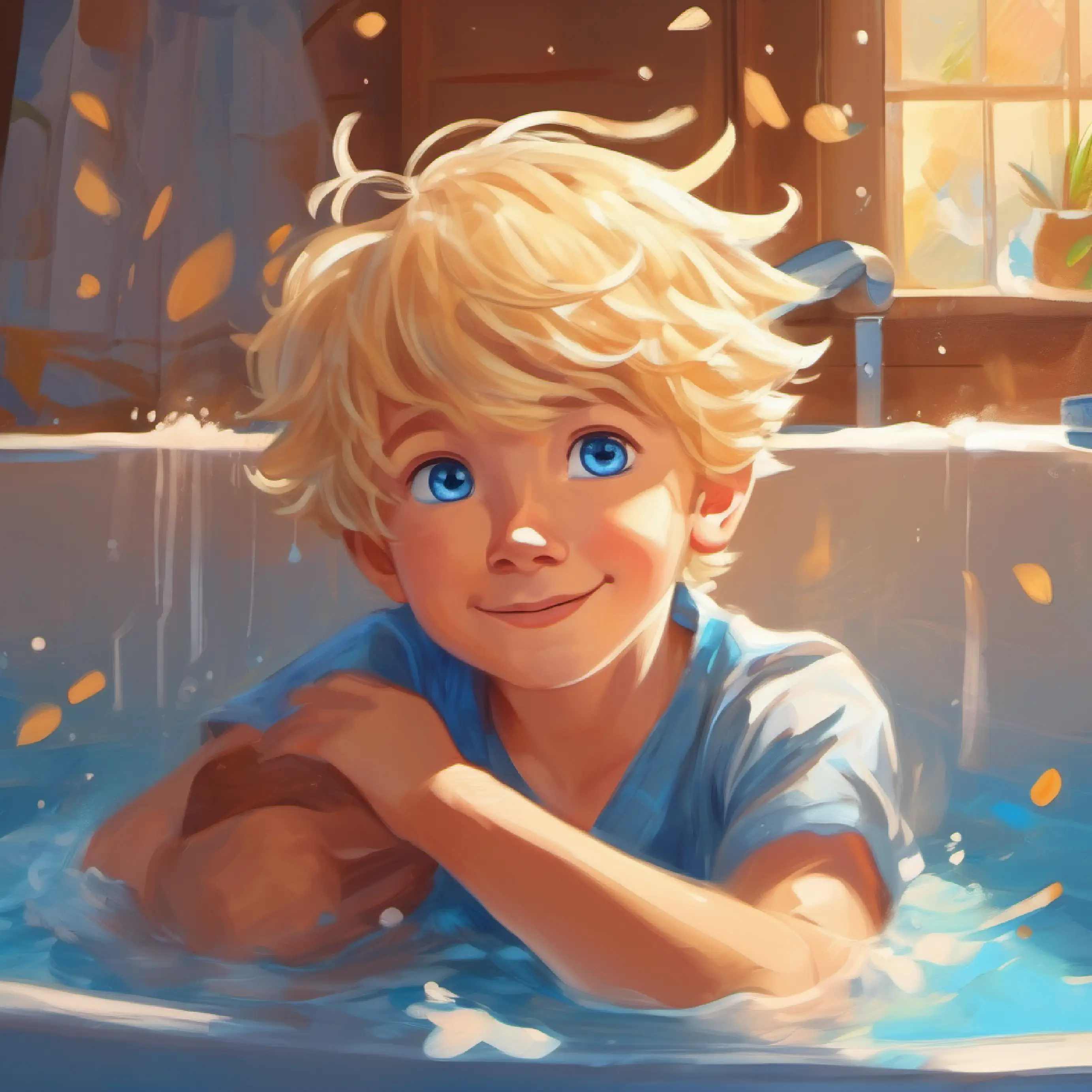 Energetic boy, blond hair, bright blue eyes gets a hug, bath time