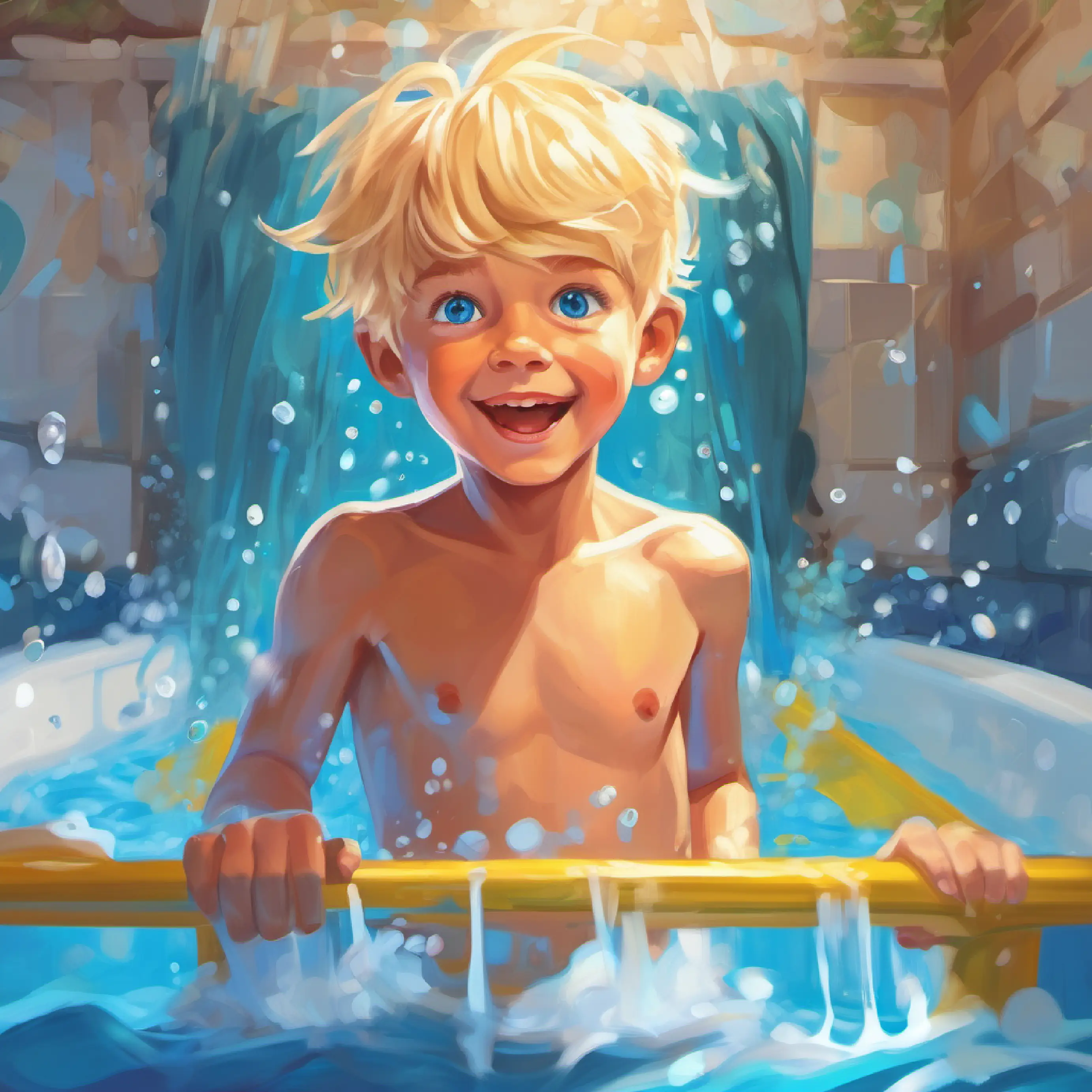 Energetic boy, blond hair, bright blue eyes's bath time fun