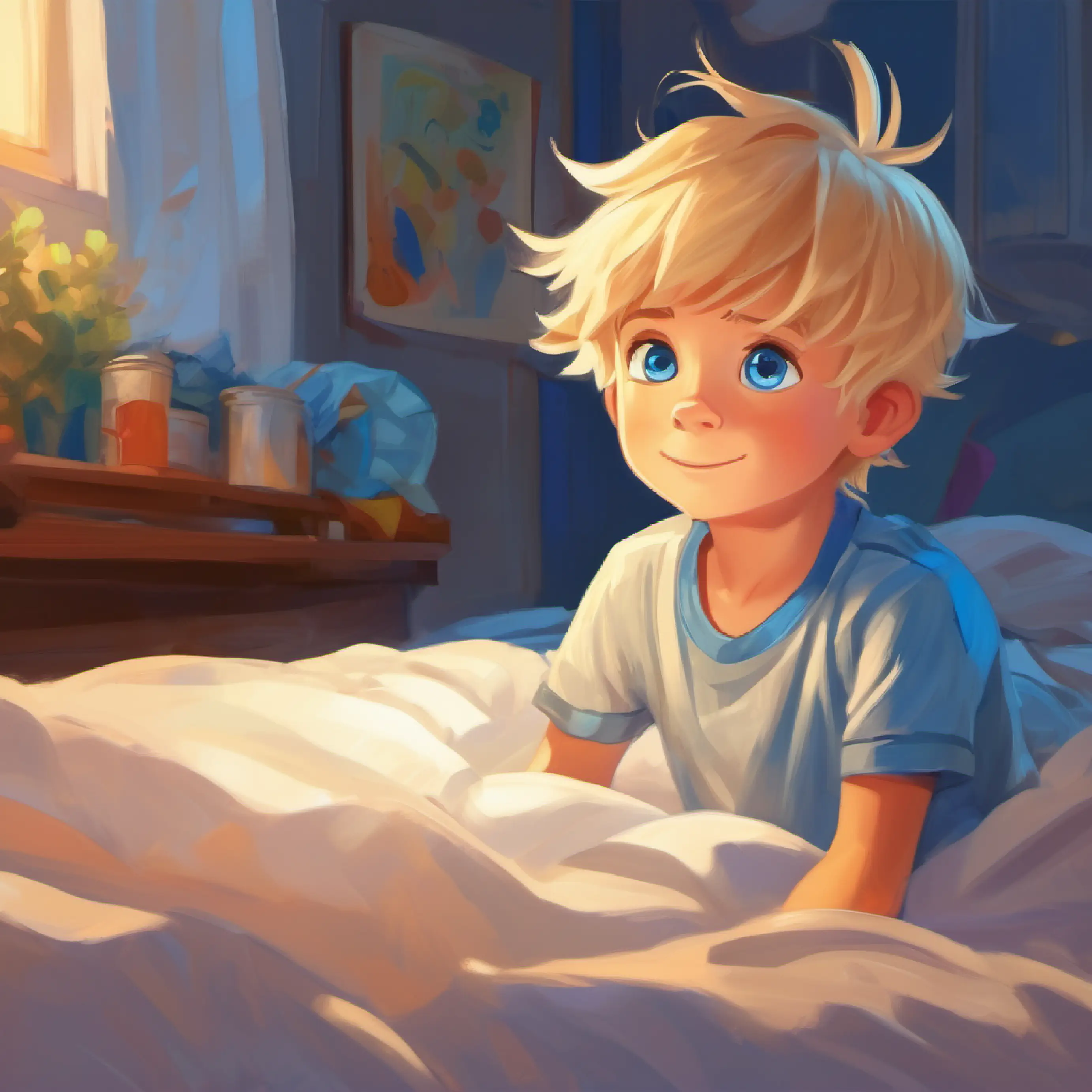 Energetic boy, blond hair, bright blue eyes ready for bed