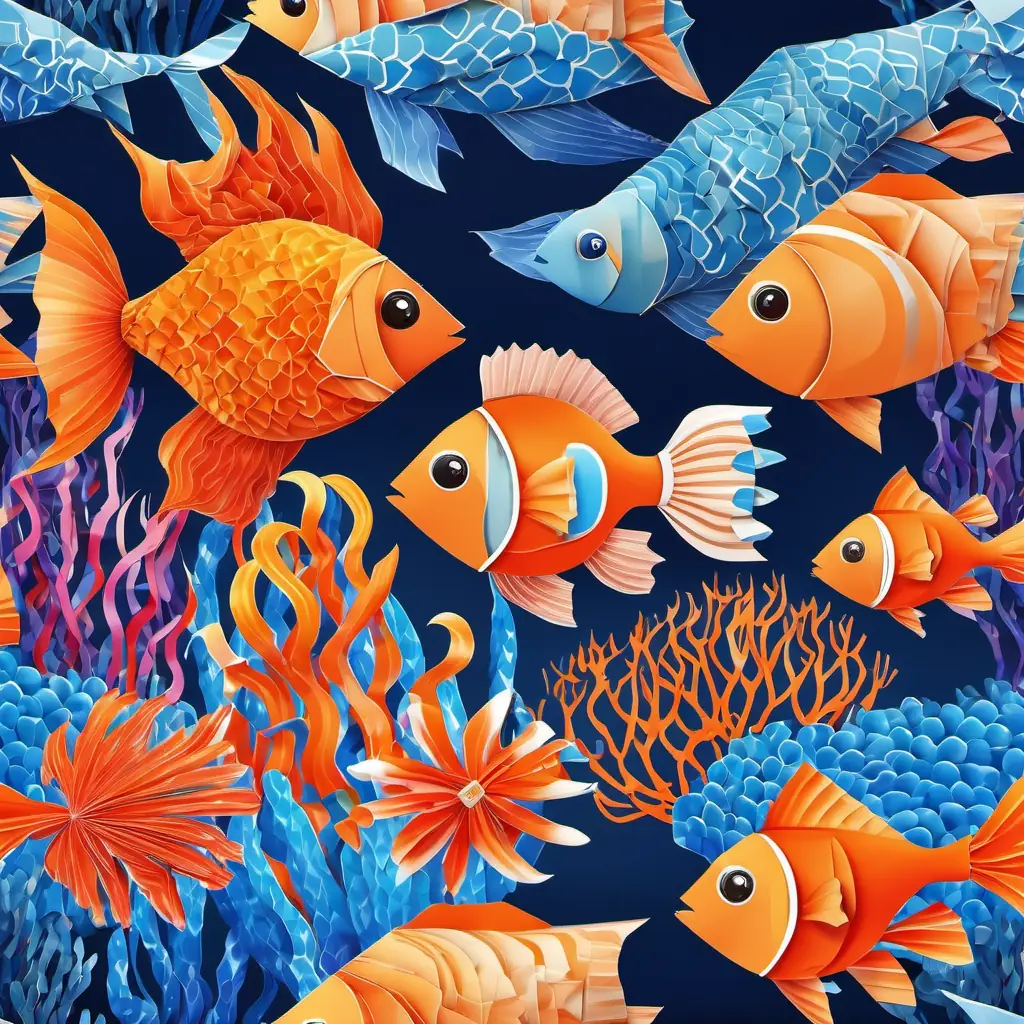 Blue skin, eight long tentacles meets Orange fish with white stripes, sparkling blue eyes, an orange fish with white stripes and sparkling blue eyes, at a colorful coral reef.