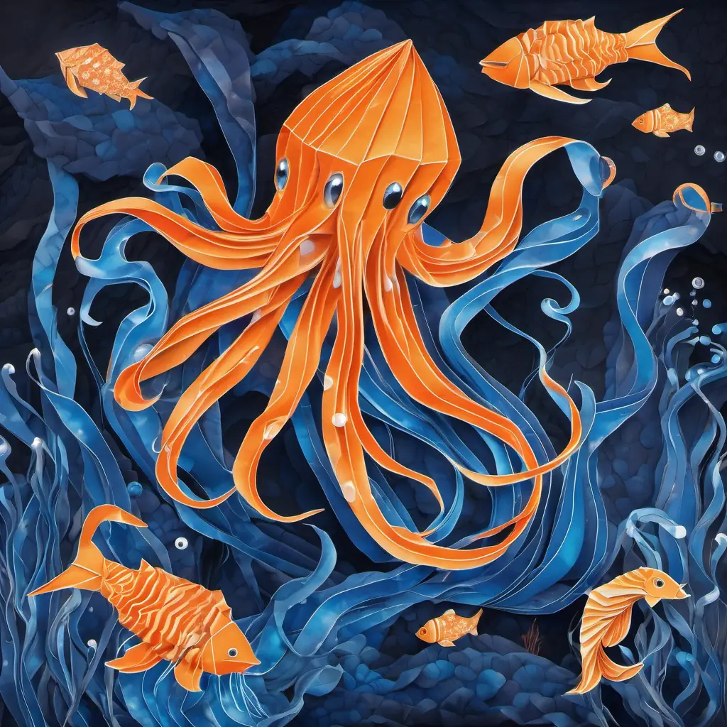 Blue skin, eight long tentacles and Orange fish with white stripes, sparkling blue eyes venture into a deep, dark trench where they discover bioluminescent jellyfish, creating a magical atmosphere.