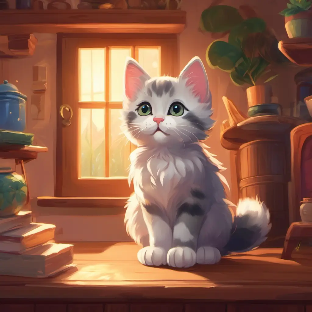 Introduction to Small kitten with bright eyes and soft fur, inside a cozy house