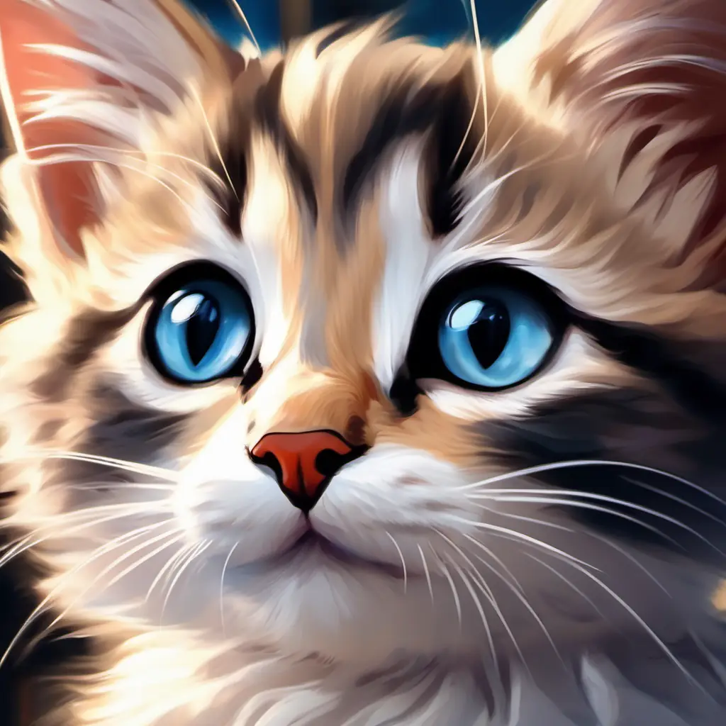 Description of Small kitten with bright eyes and soft fur, close-up