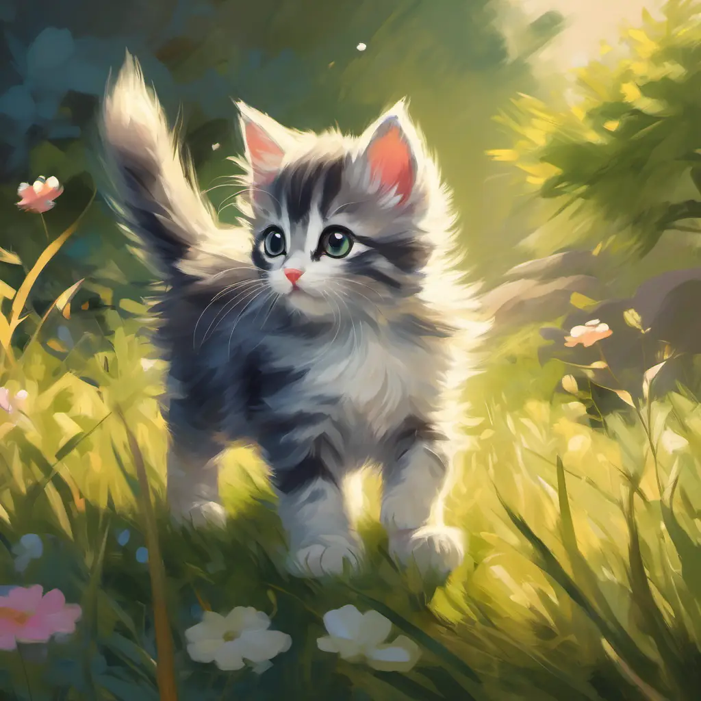 Small kitten with bright eyes and soft fur playing with others, newfound confidence