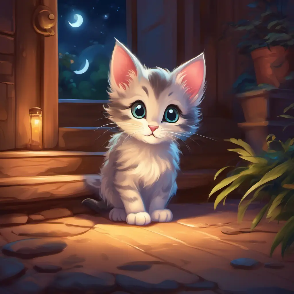 Small kitten with bright eyes and soft fur noticing a mouse, nighttime setting