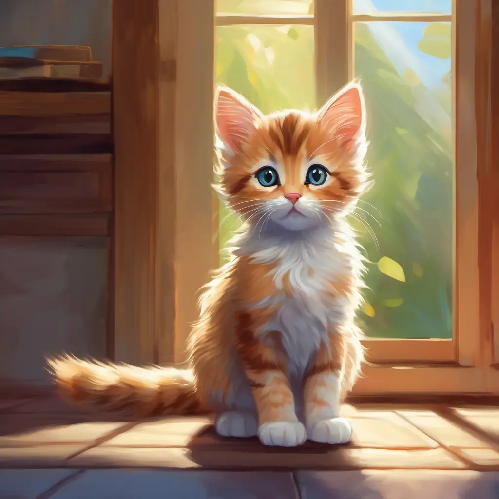 Small kitten with bright eyes and soft fur gaining self-confidence, reflective moment