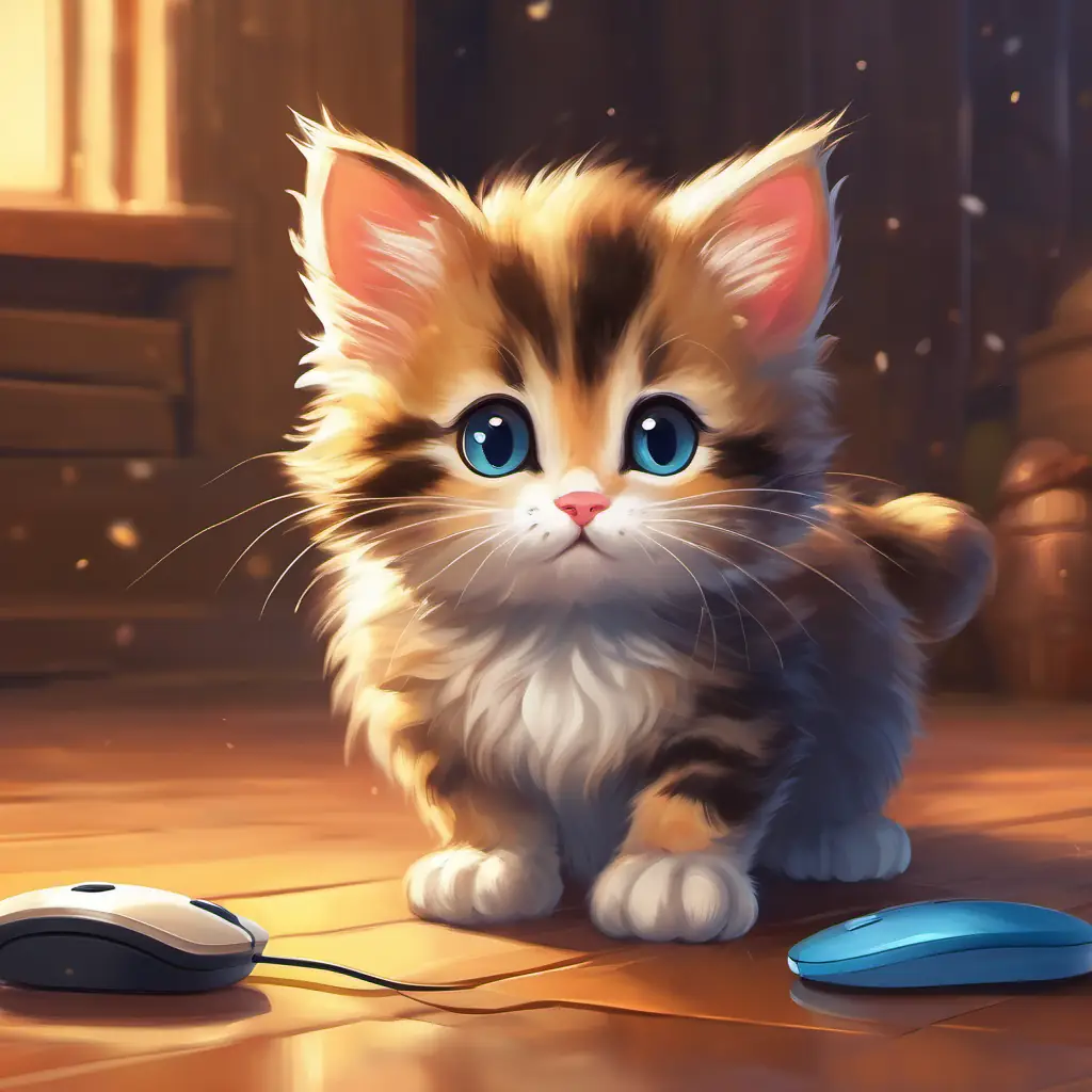 Small kitten with bright eyes and soft fur confronting the mouse, taking action