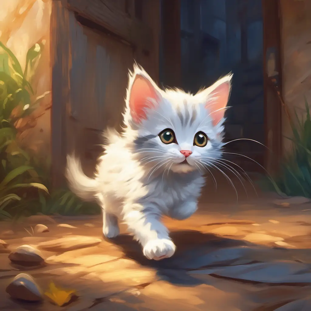 Small kitten with bright eyes and soft fur being successful, mouse running away