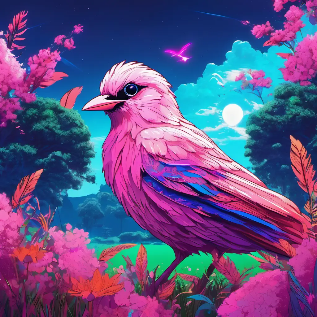 Rosy is a small bird with colorful feathers and bright, twinkling eyes and her family are in a meadow, with a blue sky and a big tree.