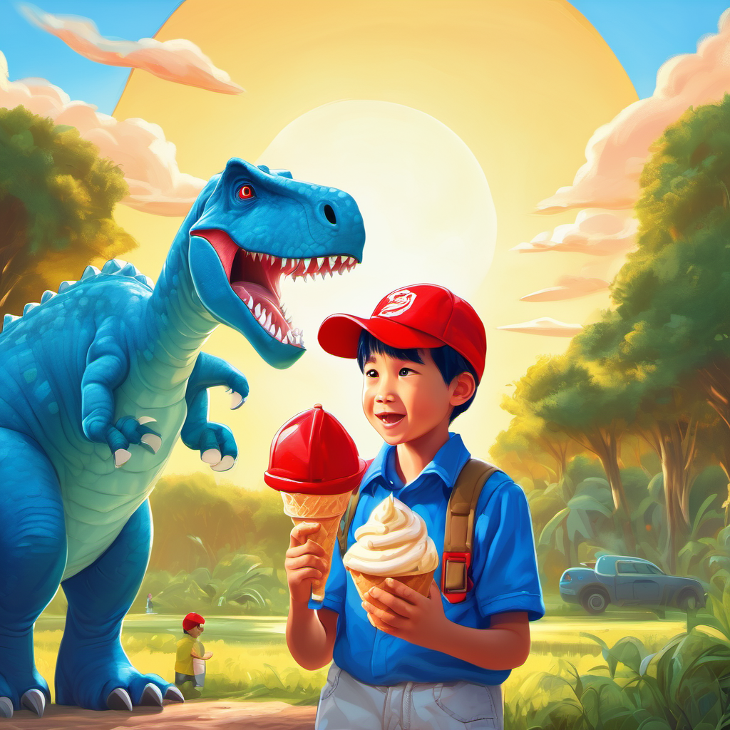 Little boy with red cap and blue shirt. and the dinosaur eating ice cream under the sun