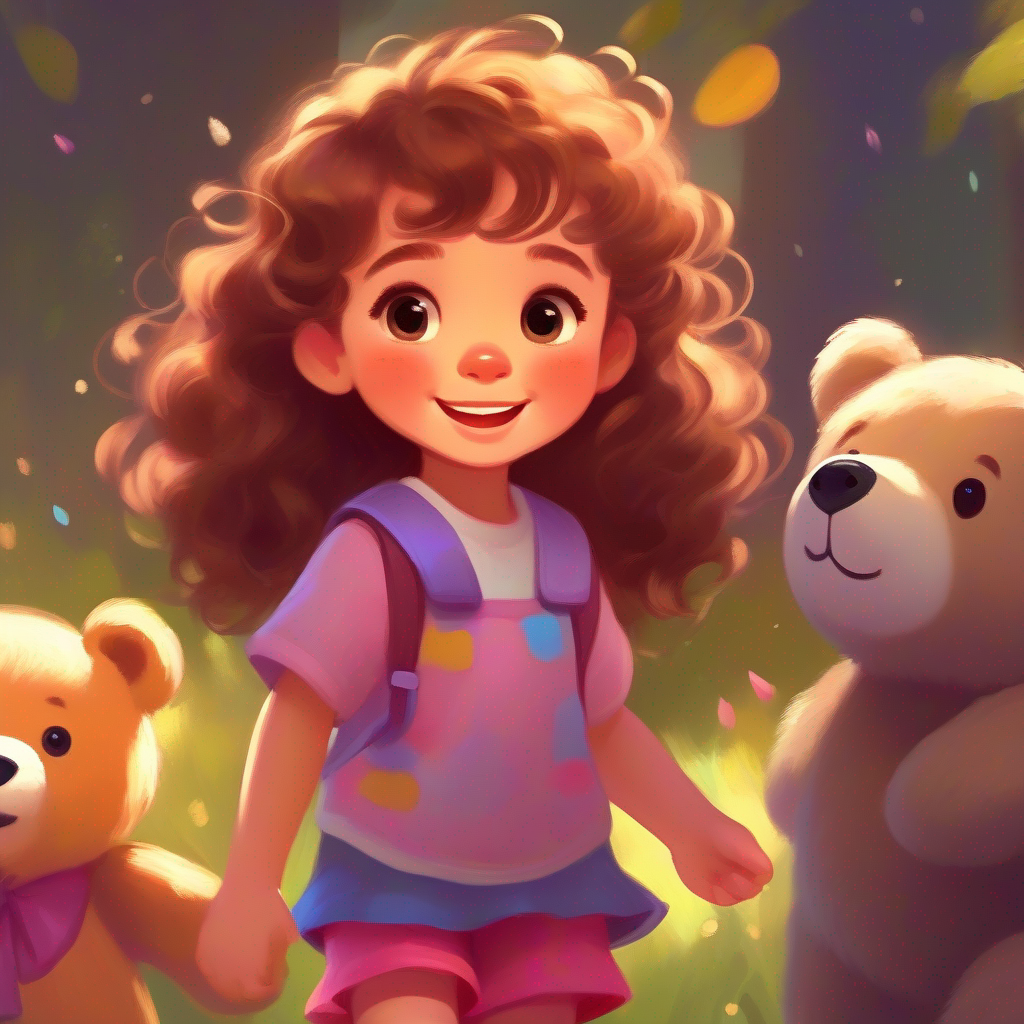Little girl, joyful, curly brown hair, wearing colorful clothes playing with Teddy bear, fluffy, brown fur, button eyes, friendly smile, eyes twinkling, walking teddy bear