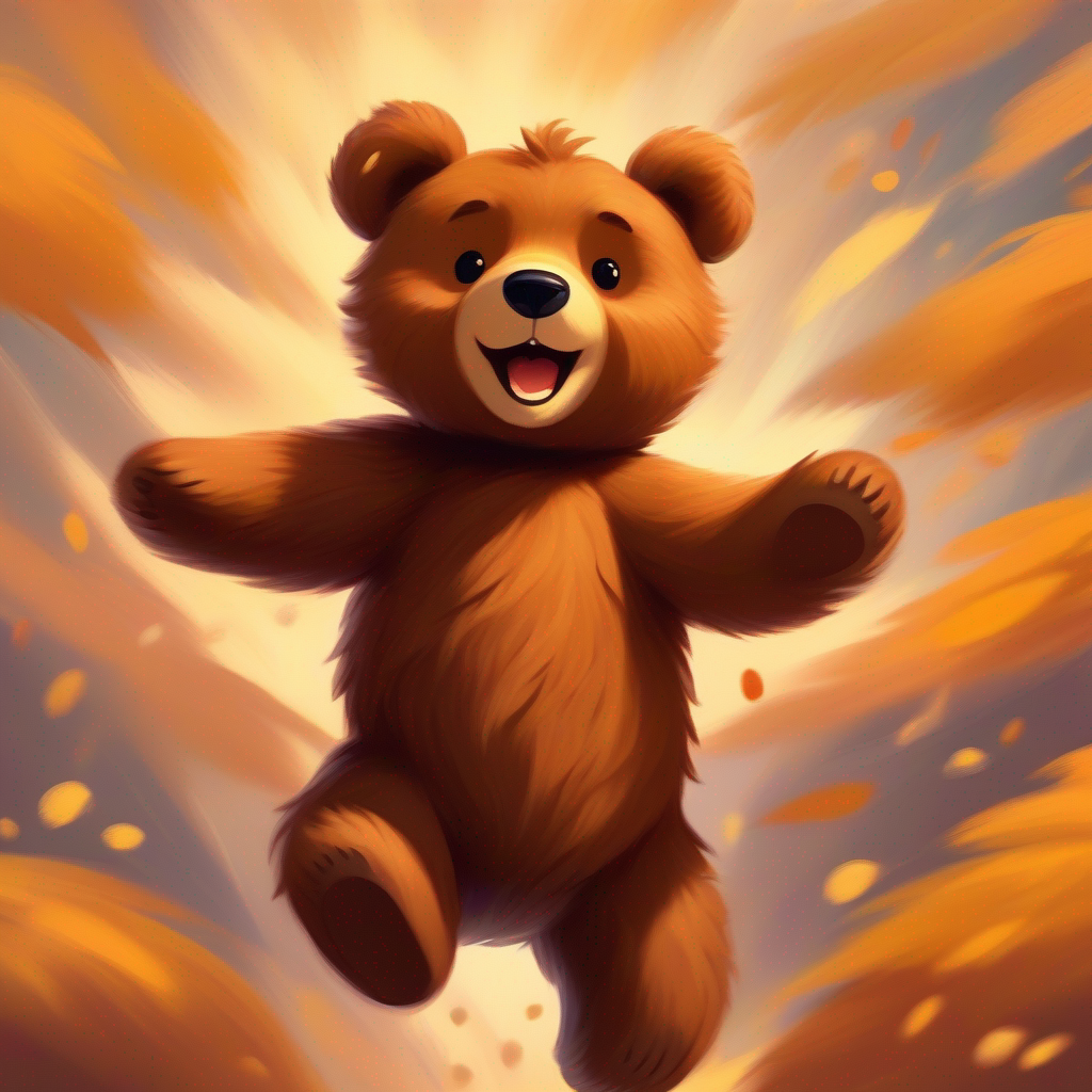 Teddy bear, fluffy, brown fur, button eyes, friendly smile dancing, jumping, waving arms, spinning in circles
