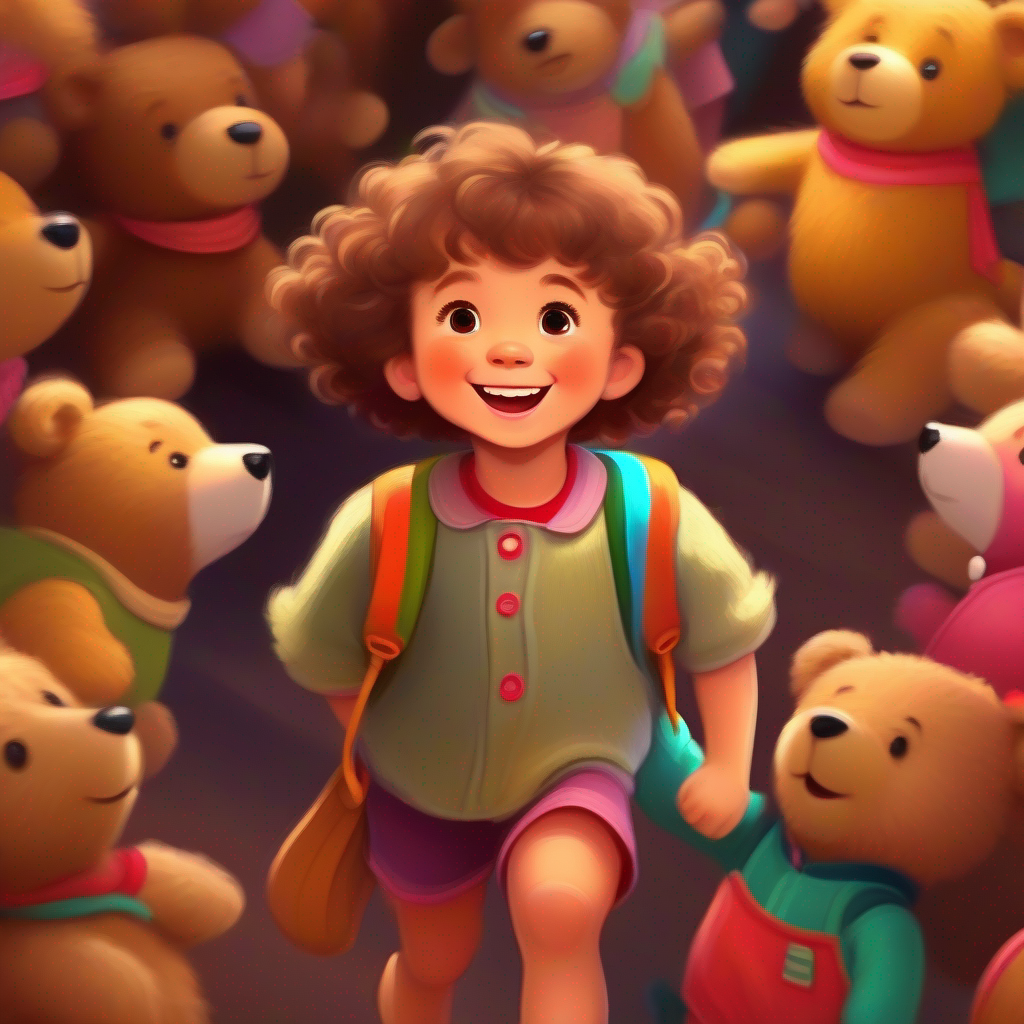 Teddy bear, fluffy, brown fur, button eyes, friendly smile and Little girl, joyful, curly brown hair, wearing colorful clothes exploring, talking, laughing