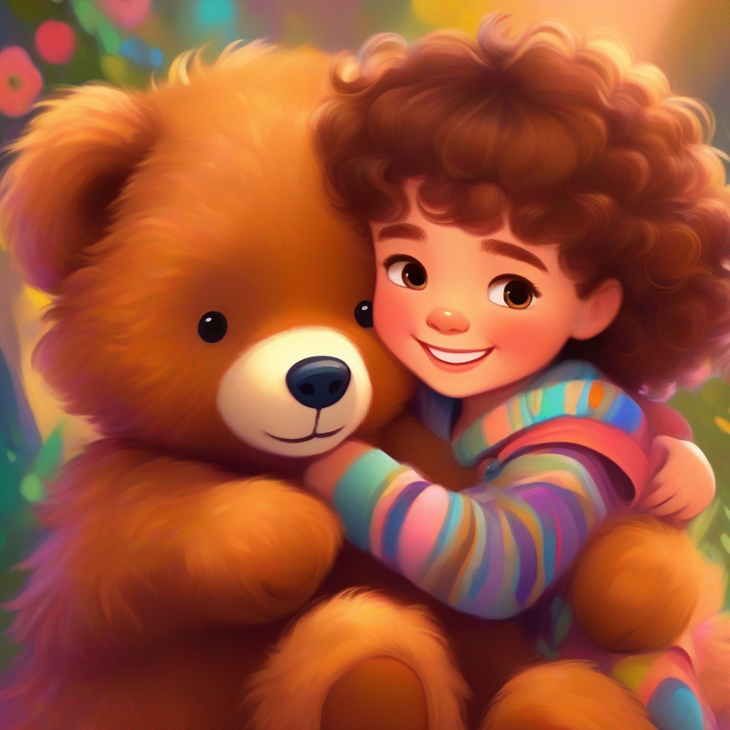 Teddy bear, fluffy, brown fur, button eyes, friendly smile snuggling with Little girl, joyful, curly brown hair, wearing colorful clothes, keeping her safe, adventures in dreamland